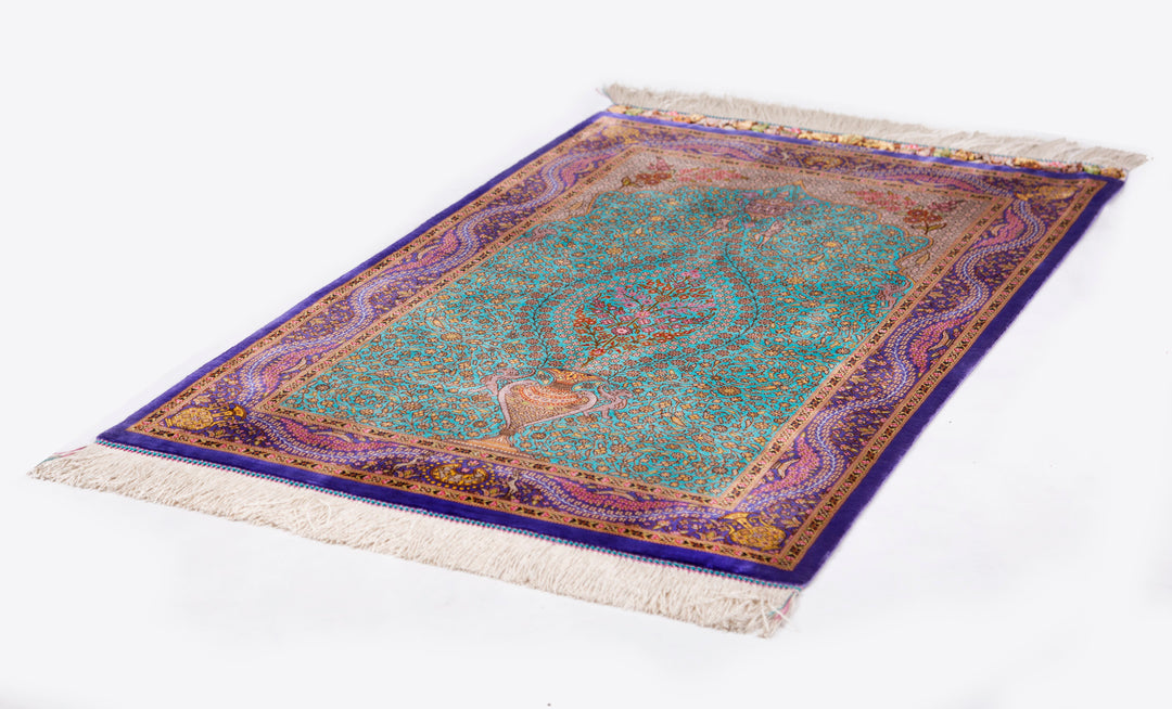 ペルシャ絨毯　宗教的建物細密刺繍ラグ 超美品2100 X1435mm すべての絨毯